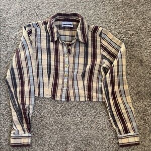 Urban Outfitters Plaid Button-Up Crop Top - Cream and Brown